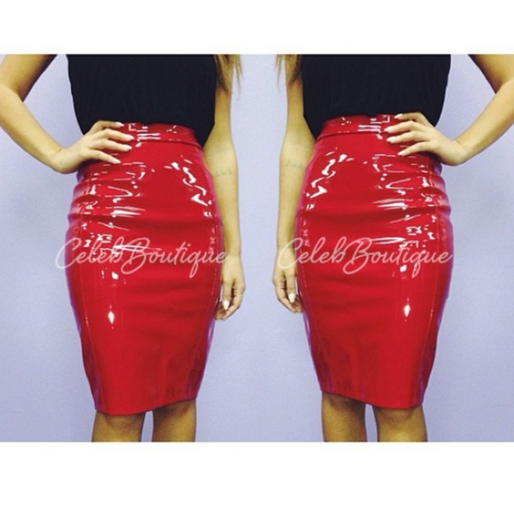 House Of CB Red Vinyl Pencil Skirt